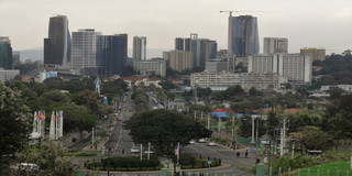 Addis Ababa In the picture, you can see a city photographed from the front. In the foreground, there are a few trees and a street leading into the city in the background, where there are several tall buildings.