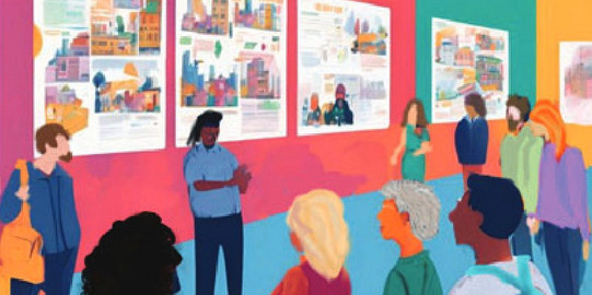 Menschen mit unterschiedlichen Haut- und Haarfarben stehen vor Postern